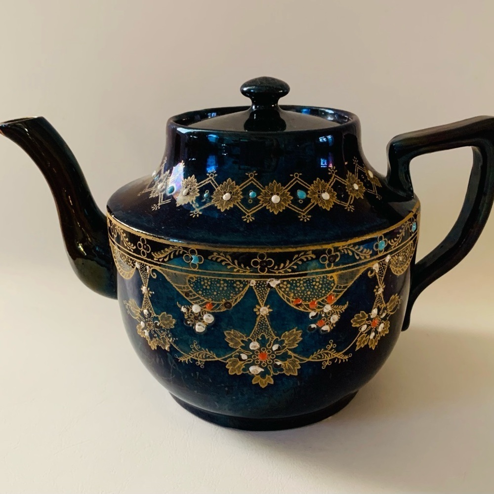 Vintage Price Bros England Teapot Iridescent Blue Purple Enameled Floral